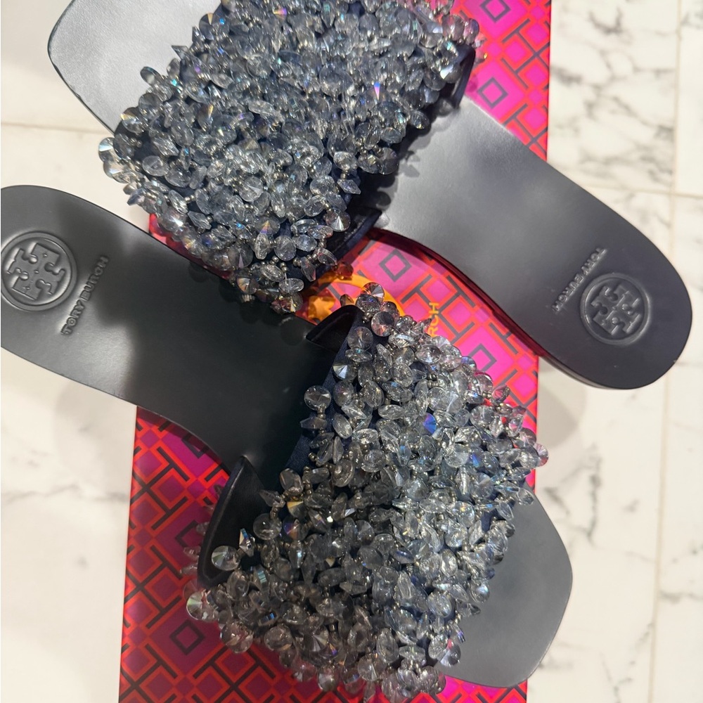 Tory Burch Black Crystal-Embellished Slide Mules